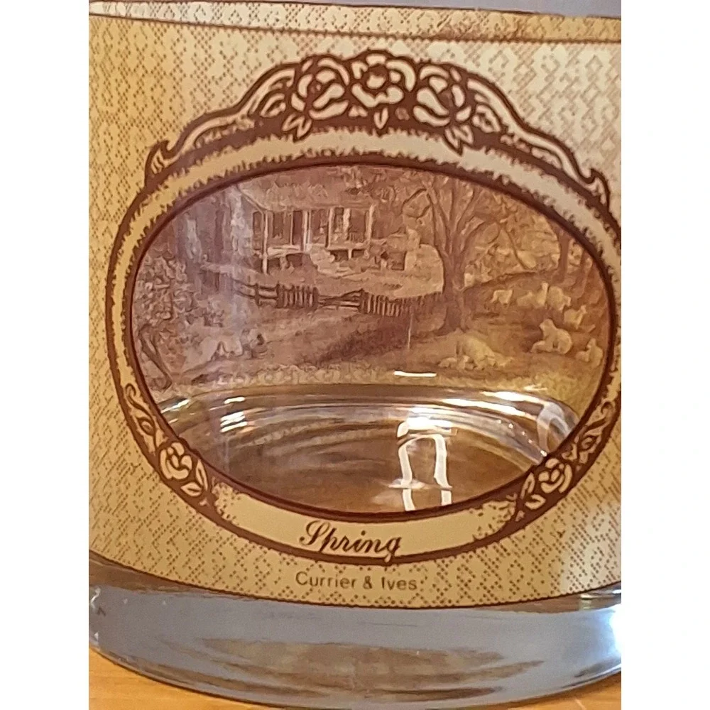 Vintage Currier & Ives Four Seasons Whiskey Rocks Glasses Set of 4 Brown Cream